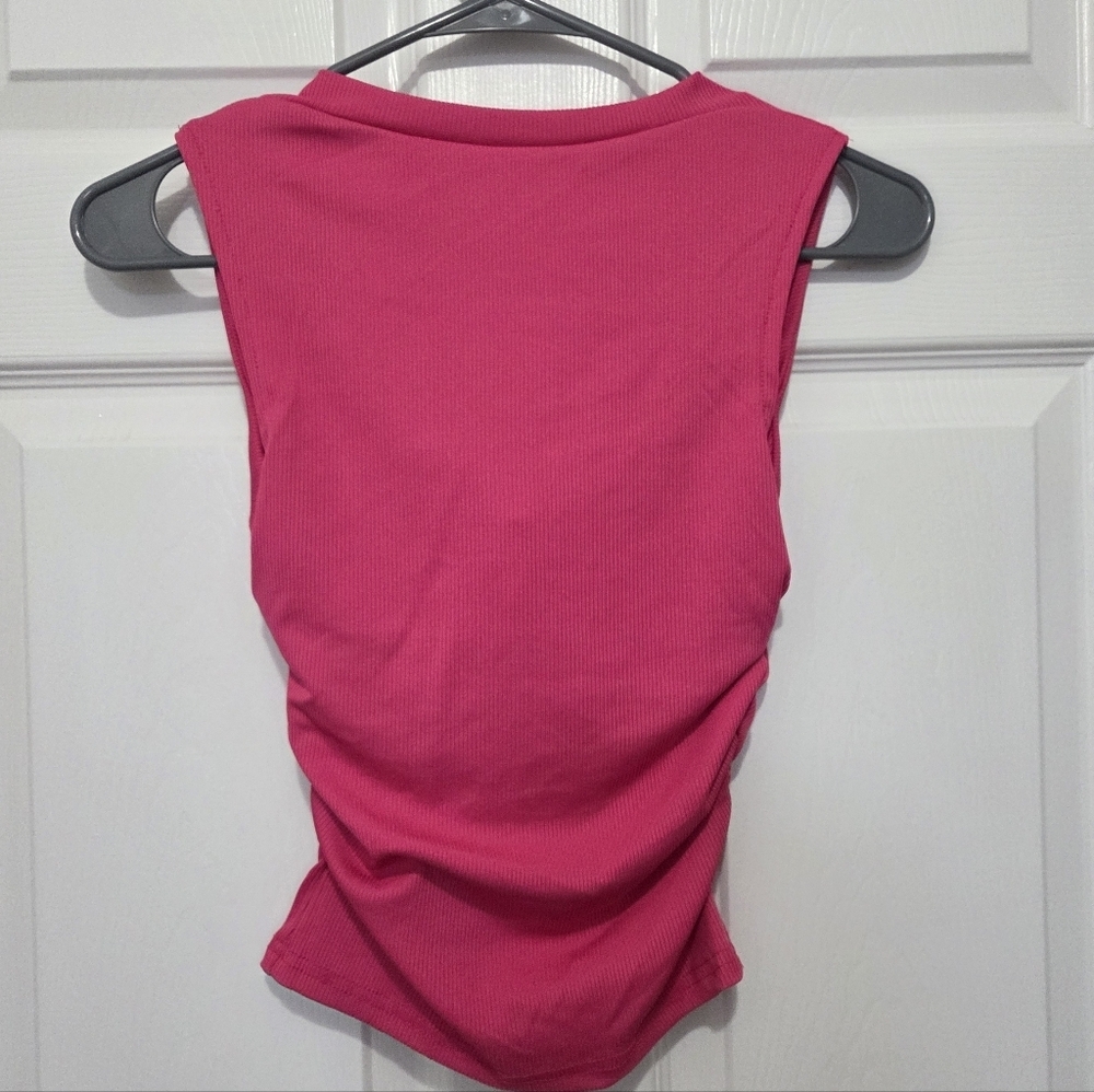 Women Hot Pink Square Neck Fitted Ruched Cropped Tank Top Size XS Summer Spring - Picture 4 of 7